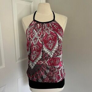 PINK AND BLACK B‎ WEAR BYER CALIFORNIA PAISLEY HALTER NECK TOP